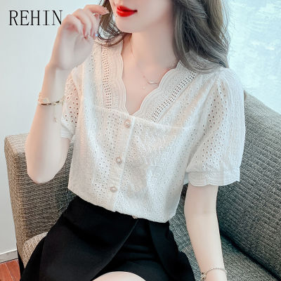 REHIN ผู้หญิงฤดูร้อนใหม่เกาหลีแขนสั้นเสื้อลูกไม้ V คอ Hollowed Out Simple Slim Fit เสื้อ