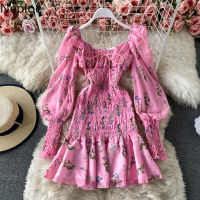 Neploe Spring Dress Woman Square Collar Slim Chiffon Vestidos Ruffles Pleated Lantern Sleeve Floral Robe Bodycon Dresses Women