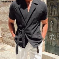 Men Shirt Lapel Short Sleeve Lace Up Cotton 2023 Casual Men Clothing Streetwear Solid Color Summer Leisure Camisas S-5XL INCERUN