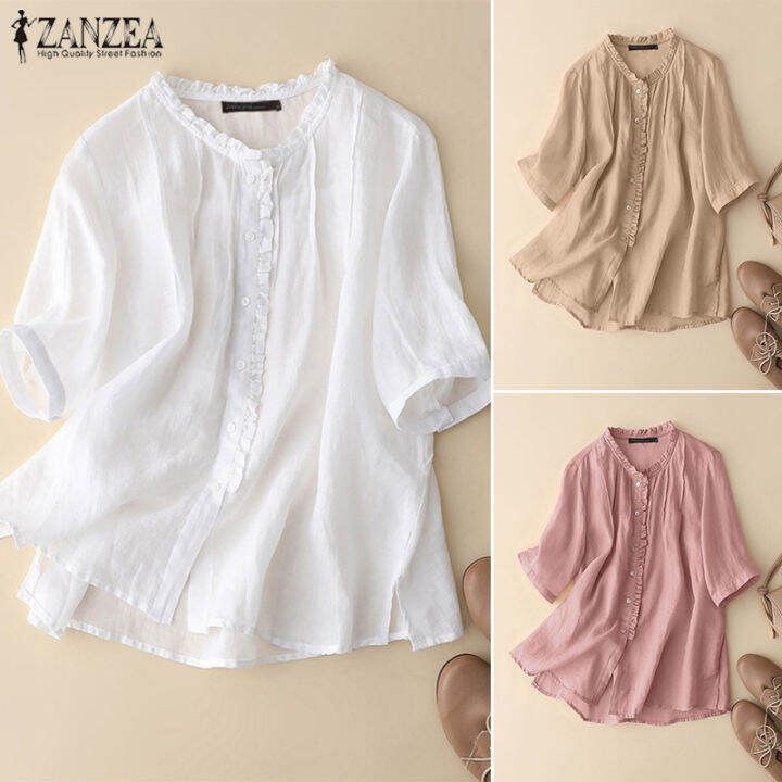 สินค้ามาใหม่-จัดส่งฟรี-fancystyle-zanzea-เสื้อเชิ้ตแต่งระบายแบบเรียบง่ายของผู้หญิงเสื้อมีกระดุมทรงหลวมผ้าคอตตอนเสื้อเบลาซ์สีพื้น-2