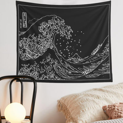 【cw】R Japanese Kanagawa Wave Black and White Wall Hanging Tapestry Japanese TapestriesSurfing Wall HangingVintage Art tapestry