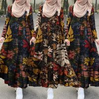 ZANZEA Women Long Sleeve Printed Vintage Ruffled Muslim Maxi Dress