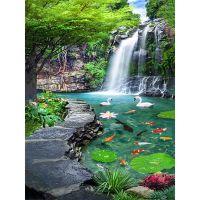 THLCF8 5D Diamond Painting Waterfall Scenery Fish Cross Stitch DIY Diamond Embroidery Landscape Full Rhinestones Home Decor