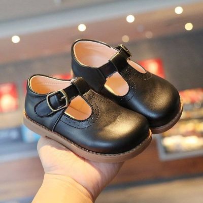 Girl School Shoes Retro Platform Girls Princess Shoes T-Strap Buckle Baby Mary Janes Shoes Brogue Kids Leather Shoes Black Brown