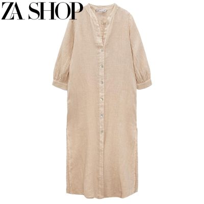2023 Zaraฮาร์8372084ชุดยาวสไตล์ลินินลำลองสำหรับผู้หญิง,ชุดร่มชูชีพสำหรับใหม่ฤดูใบไม้ผลิและฤดูร้อน