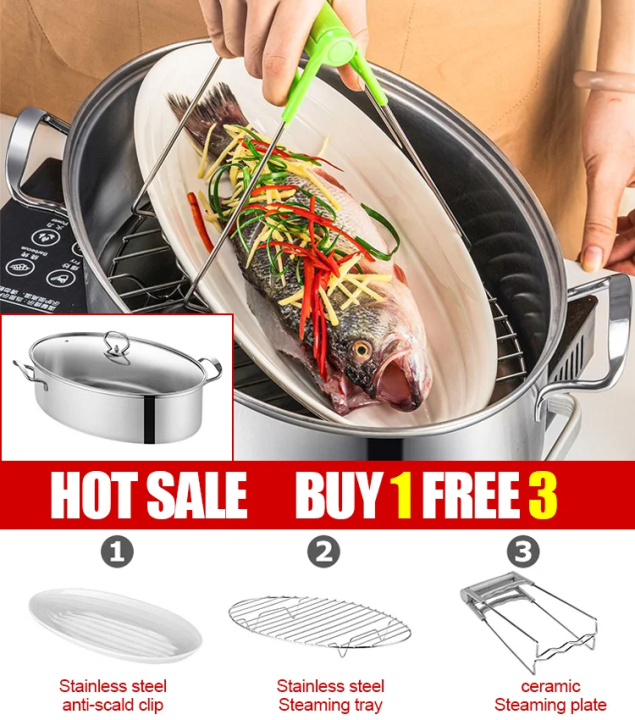 Stainless Steel Fish Steamer Thick Oval Fish Steamer Glass Lid Steamer