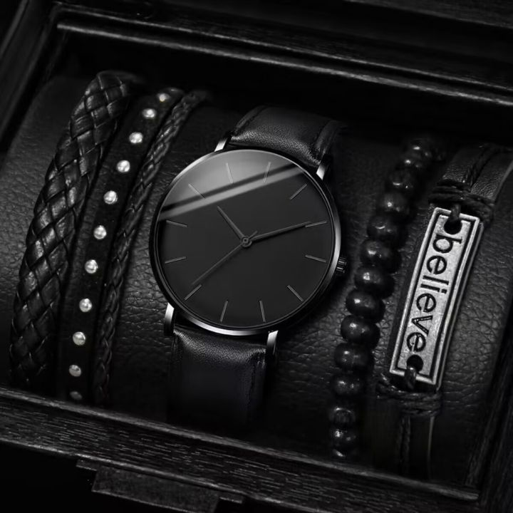 ชุดนาฬิกาหน้าปัดควอตซ์ทรงกลมสีดำธุรกิจที่สวยงามนาฬิกาข้อมือสำหรับผู้ชายของขวัญวันวาเลนไทน์วันหยุด