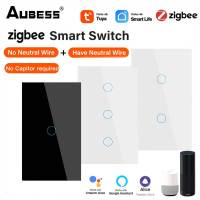 Tuya สวิตช์ไฟอัจฉริยะ Zigbee สายกลาง/ไม่มีสายกลางที่จำเป็นสวิทช์ผนังสัมผัสแบบการทำงาน