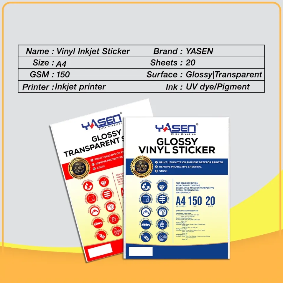 Yasen Transparent Vinyl Sticker Paper A4 150GSM Glossy 20 Sheets