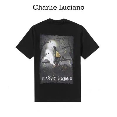 Charlie Luciano เสื้อยืดผู้ชายด้านหลังทรงหลวมอินเทรนด์แขนสั้นอเนกประสงค์ฤดูร้อน
