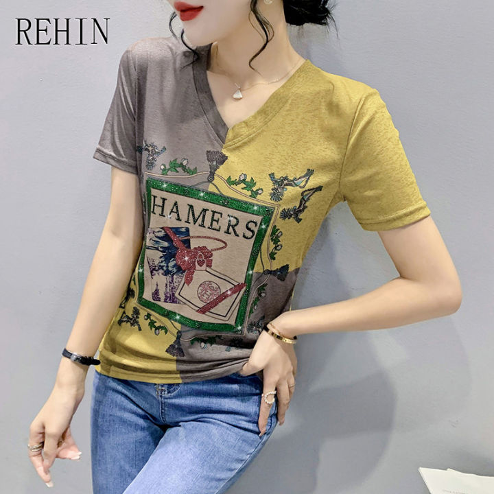 rehin-ผู้หญิงฤดูร้อนใหม่แฟชั่น-v-คอด้วยเพชรพิมพ์เสื้อยืดแขนสั้น-collision-สีจับคู่เสื้อ