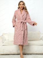 geegostudio Comfy Coral Fleece Solid Color Robe, Warm &amp; Thickened Lounge Robe With Pockets &amp; Belt, Womens Sleepwear