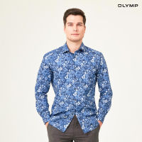 OLYMP GREEN CHOICE LUXOR Shirt เสื้อเชิ้ตรักษ์โลก สีกรมท่า พิมพ์ลายดอกไม้สีขาว ทรงหลวม ใส่สบาย รีดง่าย