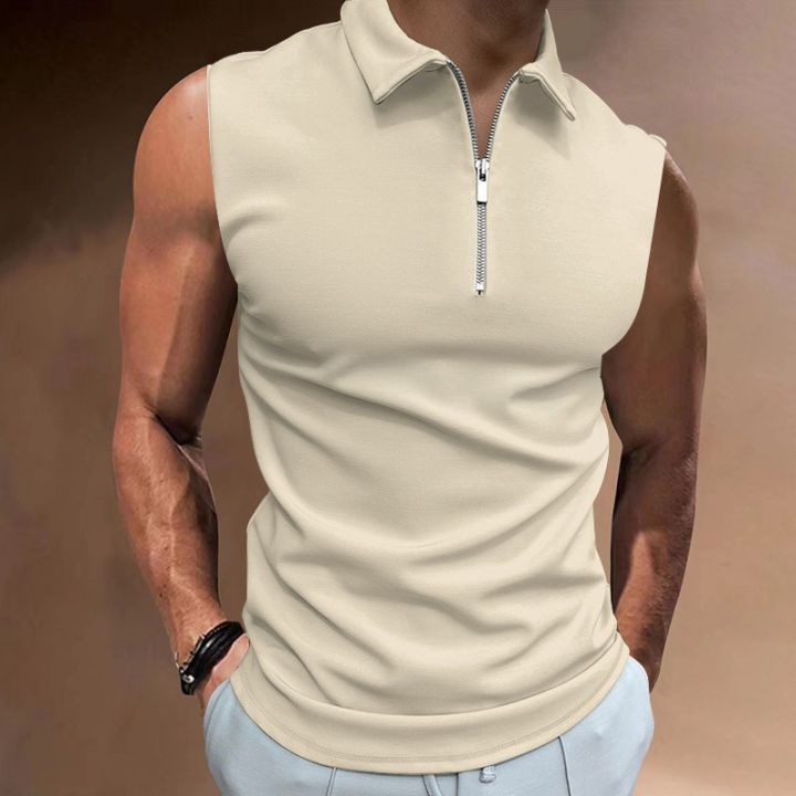 เสื้อโปโลสำหรับผู้ชาย-เสื้อเสื้อโปโลแขนกุดแขนลำลองขาสั้นสีทึบทางการเสื้อโปโลกีฬาเสื้อผ้าแนวสตรีทแฟชั่น