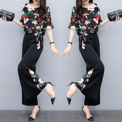 HuaX 2ชิ้น/เซ็ตผู้หญิงชุดชีฟองดอกไม้เสื้อยืดพิมพ์ภาพ + กางเกงขากว้าง