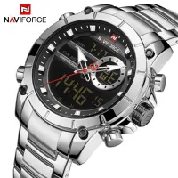 NAVIFORCE แฟชั่นผู้ชายควอตซ์นาฬิกาจอแสดงผลคู่สแตนเลสชายทหารนาฬิกากีฬาธุรกิจนาฬิกาปลุกปฏิทินโครโนกราฟเรืองแสงมือนาฬิกาผู้ชาย