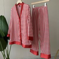 【jw】●✟  Houndstooth V-Neck Set Sleepwear Outfits Loungewear Loose Pijamas