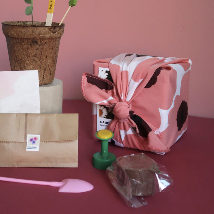 ชุดปลูกดอกไม้-เซตของขวัญ-gift-c-พร้อมผ้าห่อ-furoshiki-คละสี