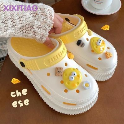 【July】 cloth students fashion outerwear Baotou slippers summer cute cheese thick bottom non-slip contrast hole shoes women
