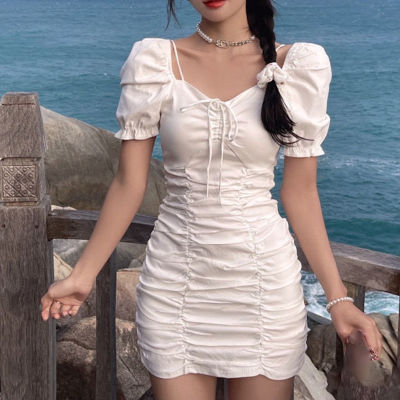 Summer Sexy Women Dress 2023 with Solid Color Puff Sleeve Drawstring Ruched Short Mini Dress