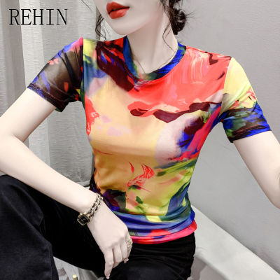 REHIN เสื้อยืดแขนสั้นผู้หญิง,เสื้อยืดลำลองสลิมฟิตตาข่ายคอกลมแฟชั่นสไตล์เกาหลีแบบใหม่ฤดูร้อน