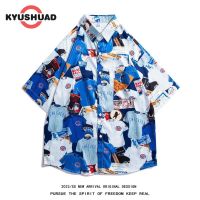 KYUSHUAD เสื้อฮาวายแขนสั้นสำหรับผู้ชาย เสื้อผ้าฝ้ายลำลองแขนลำลองขาสั้นพิมพ์ลายทรงหลวม