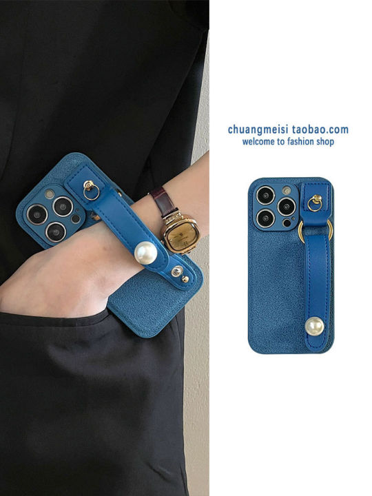 สายหนังสายรัดข้อมือสีฟ้ามุกสำหรับ-iphone14promax-สายรัดข้อมือปรับได้สำหรับ-iphone13-สเตอริโอลายดวงจันทร์กรณีโทรศัพท์สำหรับ-iphone12promax-เกาหลีกรณีโทรศัพท์แฟชั่นสำหรับ-iphone11