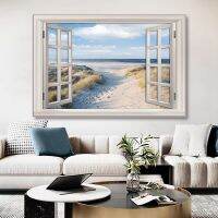 Nordic Window View Beach Wall ภาพวาด-โมเดิร์นริมทะเลภูมิทัศน์ผ้าใบโปสเตอร์สำหรับห้องนั่งเล่นตกแต่งบ้าน-Cuadros ไม่มีกรอบ