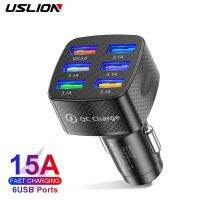 USLION พอร์ตที่ชาร์จแบตในรถ75W ชาร์จเร็ว3.0 15A 6พอร์ตเครื่องชาร์จ USB สำหรับ13 12 Pro เหมาะสำหรับ Samsung Xiaomi เหมาะสำหรับที่ชาร์จแบตเตอรี่โทรศัพท์มือถือหัวเหว่ย