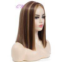 Synthetic Highlight Brown Ombre Blonde Hair 14 Inch Female Natural Straight Wigs With Middle Part Party Cosplay Use Women Wig