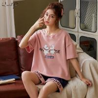 Womens Pajama Set Summer Cotton Knit Nightwear Homewear Short Sleeve sleepwear Set Cute Cartoon Lounge Wear T-s Nightgowns