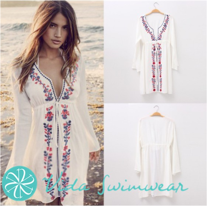 Beach Dress Bohemian Beach Cover Up Boho Floral Embroidery V Neck ...