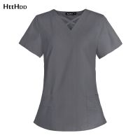 Women Working Uniform Pharmacy Clinical Workwear Short Sleeve V-neck Scrub Tops Femme Blouse nursing Uniforms Medical Accessories