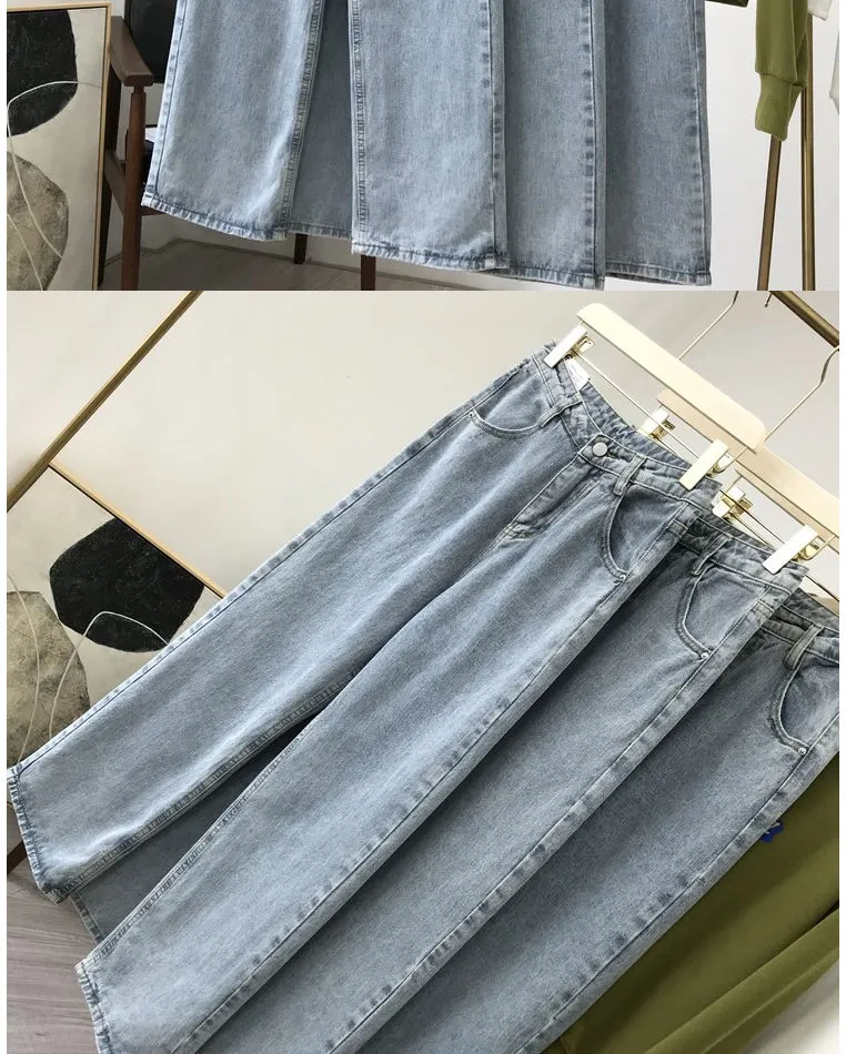 Light Blue Denim Trousers Vintage Wide Leg Pants Women Korean Straight Long  Pants High Waist Casual Loose With Belt Autumn