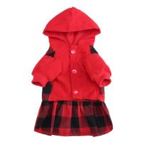 Plaid Dog Hoodie Dress Warm Soft Dog Sweater Skirt Outfit with Hat Autumn and Winter Pet Coat Clothes