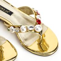 Fashion Womens Flip-flops Summer 2023 Pearl Style Lightweight Flat Beach Slippers Sandals Golden Trend Wear