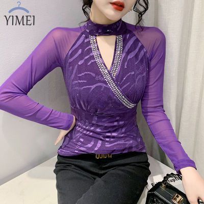 YIMEI Sexy hollow-out hot diamond T-shirt long-sleeved 2023 spring new large womens mesh top elastic slim shirt top