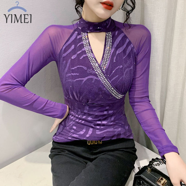 yimei-sexy-hollow-out-hot-diamond-t-shirt-long-sleeved-2023-spring-new-large-womens-mesh-top-elastic-slim-shirt-top