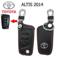 ปลอกกุญแจหุ้มรีโมทรถโตโยต้า Toyota Altis ปี 2014 เคสหนังแท้หุ้มรีโมทกันรอย ซองหนังแท้ใส่กุญแจกันกระแทก ปลอกหนังสีดำ ด้ายสีแดง