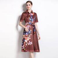 Women Dress Spot Real  Elegant Short  Sleeve  Vintage Printed Midi Dress