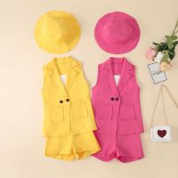 Infant Baby Girls Outfit Set 2022 Spring and Summer Children 39;s Long Suit Jacket Camisole Shorts Hat Four-piece Suit