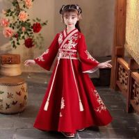 Hanfu 2023ผู้หญิงสไตล์จีนเย็บปักถักร้อยสไตล์ชาติใหม่ผ้านิ่มระบายอากาศได้ดีเครื่องแต่งกายโบราณเด็กผู้หญิงกระโปรงชุดเดรสเด็กผู้หญิงโบราณ Hanfu ฤดูร้อนและฤดูใบไม้ร่วง