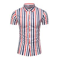 HOT14★New Mens Short-sleeved Shirt Fashion Slim Lapel Large Stripe Shirt