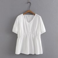 【มีไซส์ใหญ่】Plus Size Womens Short Sleeve V-neck White Green Summer Blouses Ladies Office-wear Elegant Female Tops