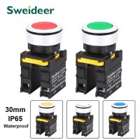 30mm Button Switch Waterproof Momentary Reset Self Locking Power Push Button Switch Flat Head 10A 1NO 1NC 2NO Red Green Yellow  Power Points  Switches