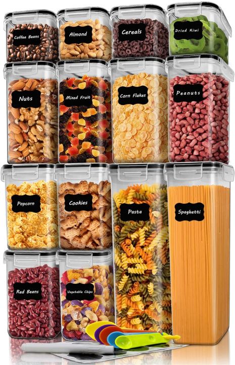 Shazo Airtight Food Storage Container (Set of 6) - BONUS Measuring Cup -  Labels & Marker - Durable Plastic - BPA Free - Clear with Improved Lids