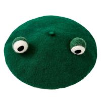 Women Cute Green Frog Eyes Beret Cap Winter Faux Wool Kawaii Painter Beanie Hat