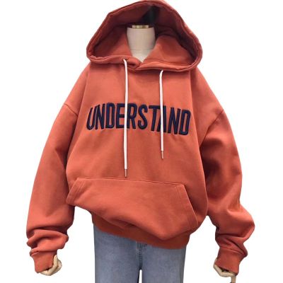 Winter Korean Fashion Clothes Women Hoodie Long Sleeve Sweatshirt Embroidered Harajuku Understand Letters Orange Red Pullover
