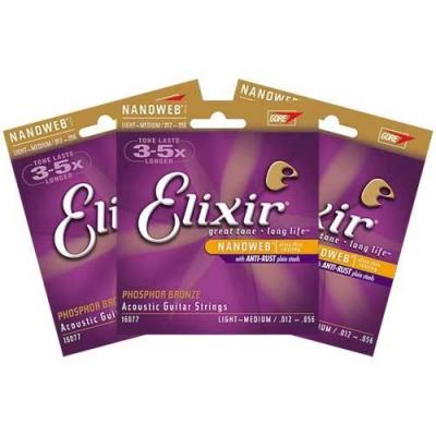 สายกีต้าร์โปร่ง Elixir 16077 Nanoweb Coated Phosphor Bronze Acoustic Light-Med 12-56 วัสดุแท้ ทอง