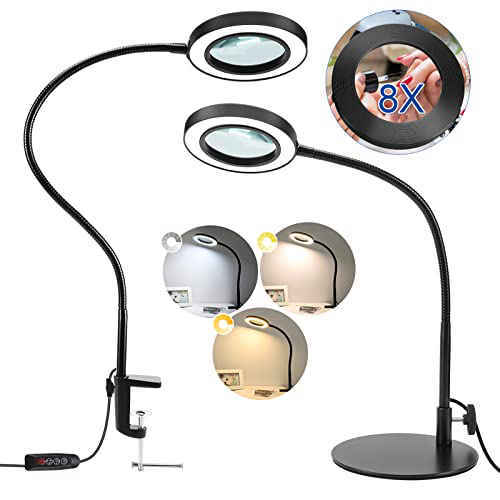 8X Magnifying Glass with Light and Stand, 2-in-1 Real Glass Magnifying Desk  Lamp & Clamp, 3 Color Modes Stepless Dimmable, LED Lighted Magnifier with